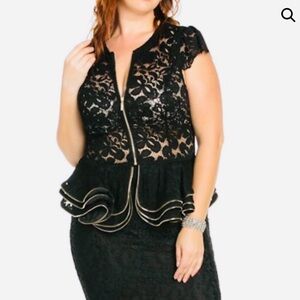 Oh Yes Black Lace Peplum Top with Gold Trim Accents Super Sexy